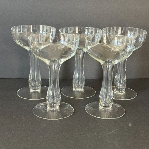 Vintage Etched Crystal Champagne Coupes With Starburst Design Set Of 5 - Picture 1 of 6